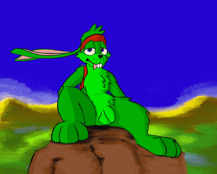 2024 accessory anthro backpack balls bandanna blue_eyes buckteeth cheek_tuft chest_tuft crotch_tuft detailed_background digitigrade epic_games facial_tuft feet flaccid fluffy foreskin front_view fur genitals green_body green_fur half-closed_eyes hare head_tuft hi_res humanoid_genitalia humanoid_penis jazz_jackrabbit jazz_jackrabbit_(series) kerchief lagomorph leporid long_ears looking_at_viewer male mammal narrowed_eyes nude outside paws penis pinup pose presenting shaded sitting sky smile solo spread_legs spreading teeth toes tongue tongue_out toony tuft valvon