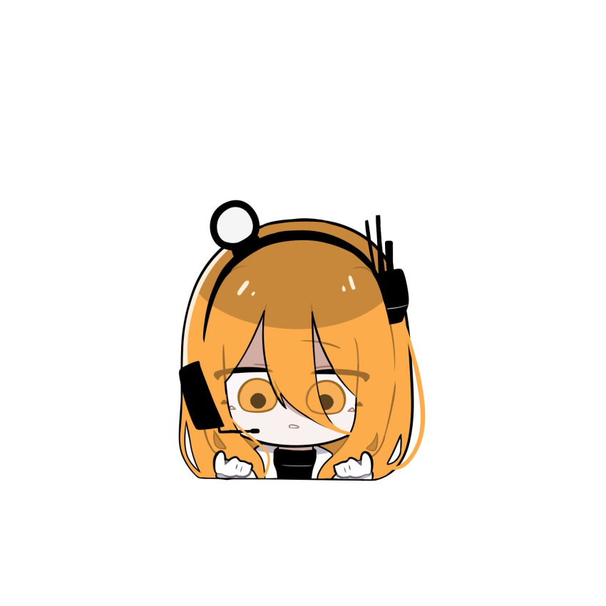 1girl a.i._voice adachi_rei alternate_hair_length alternate_hairstyle chibi commentary eyes_visible_through_hair hair_between_eyes hands_up headlamp headset highres holding_own_hair long_hair long_hair_between_eyes orange_eyes orange_hair parted_lips poppocha portrait radio_antenna simple_background solo straight-on utau white_background