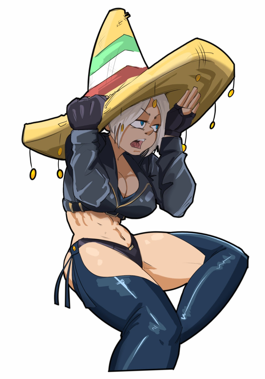 1girl angel_(kof) backless_pants blue_eyes bra breasts chaps cleavage crop_top cropped_jacket fingerless_gloves gloves hair_over_one_eye hat highres jacket large_breasts leather leather_jacket lulu_g_jantes mexican_flag mexico midriff navel panties pants short_hair snk solo sombrero strapless strapless_bra the_king_of_fighters the_king_of_fighters_xiv toned underwear white_hair