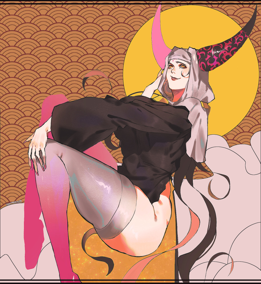 1girl ass black_dress black_hair black_horns blush coif demon demon_girl demon_horns dress facial_mark fate/grand_order fate_(series) flavia_(harmonia) forehead_mark forehead_tattoo full_body full_moon gold_necklace grin hand_on_own_face hand_on_own_thigh highres horizontal_pupils horns huge_horns jewelry knees_up long_hair long_horns long_sleeves looking_at_viewer moon multicolored_horns nail_polish necklace nun orange_scales pale_skin pink_nails scales sessyoin_kiara side_slit smile solo thighhighs thighs two-tone_dress two-tone_horns very_long_hair white_thighhighs yellow_eyes