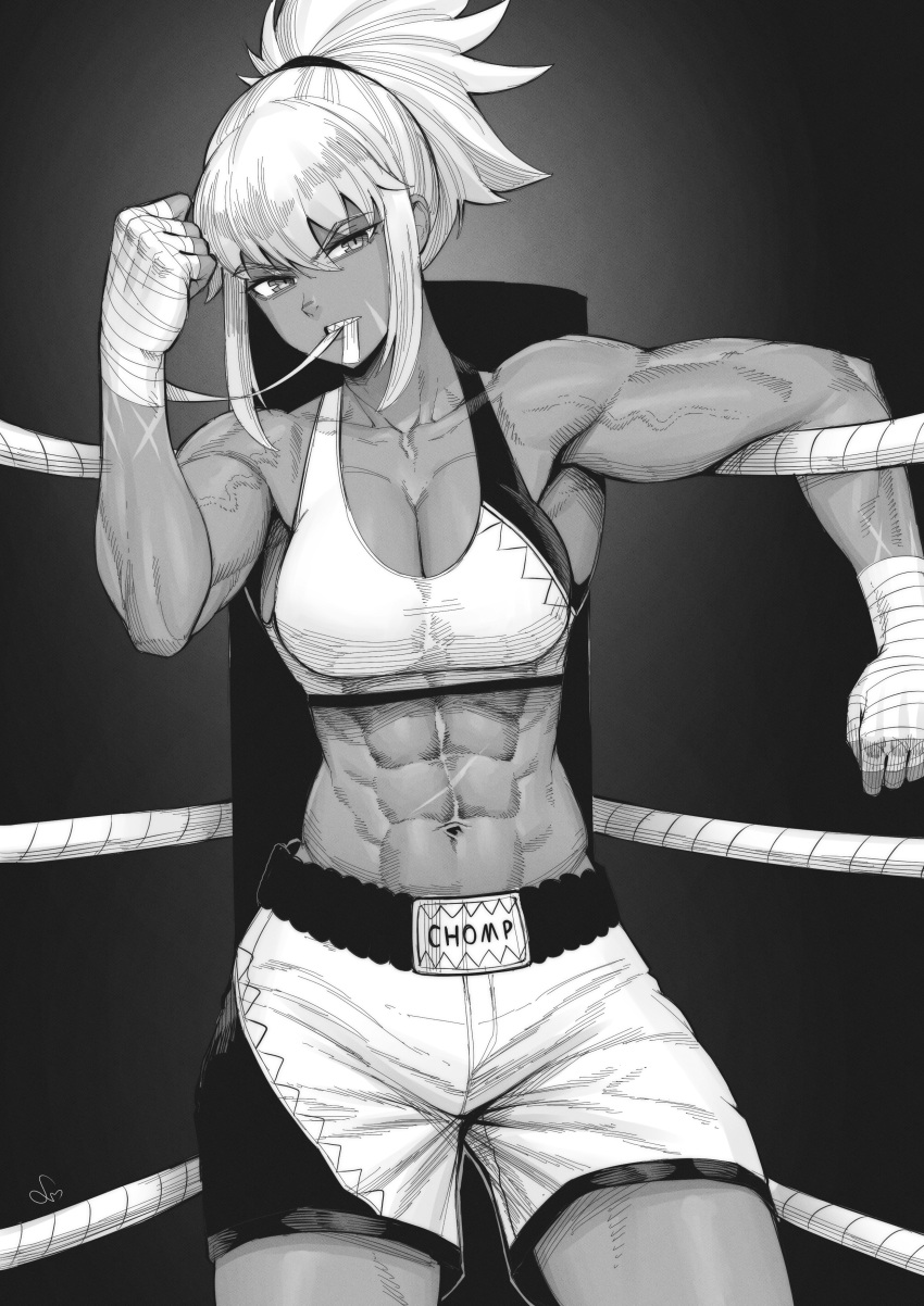 1girl abs absurdres annoyed biting boxing_ring boxing_shorts breasts cleavage detailed_knuckles english_text greyscale hair_ornament hair_scrunchie highres long_bangs looking_at_viewer monochrome muscular muscular_female navel original ponytail ribs scar scar_on_arm scar_on_face scar_on_stomach scrunchie shark_print sharp_teeth shorts signature solo speedl00ver sports_bra tan teeth tying veins veiny_arms white_hair white_sports_bra