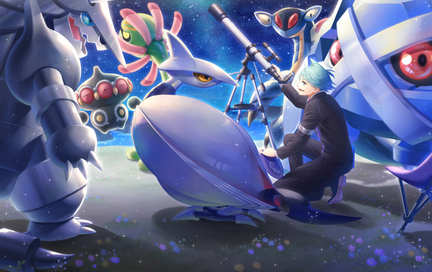 1boy aggron aqua_hair armaldo armlet black_footwear black_jacket black_pants claydol commentary_request cradily highres jacket long_sleeves male_focus metagross night noshigi_(nosi_gi) on_one_knee open_mouth outdoors pants pokemon pokemon_(creature) pokemon_rse sand shoes short_hair skarmory sky smile sparkle steven_stone telescope