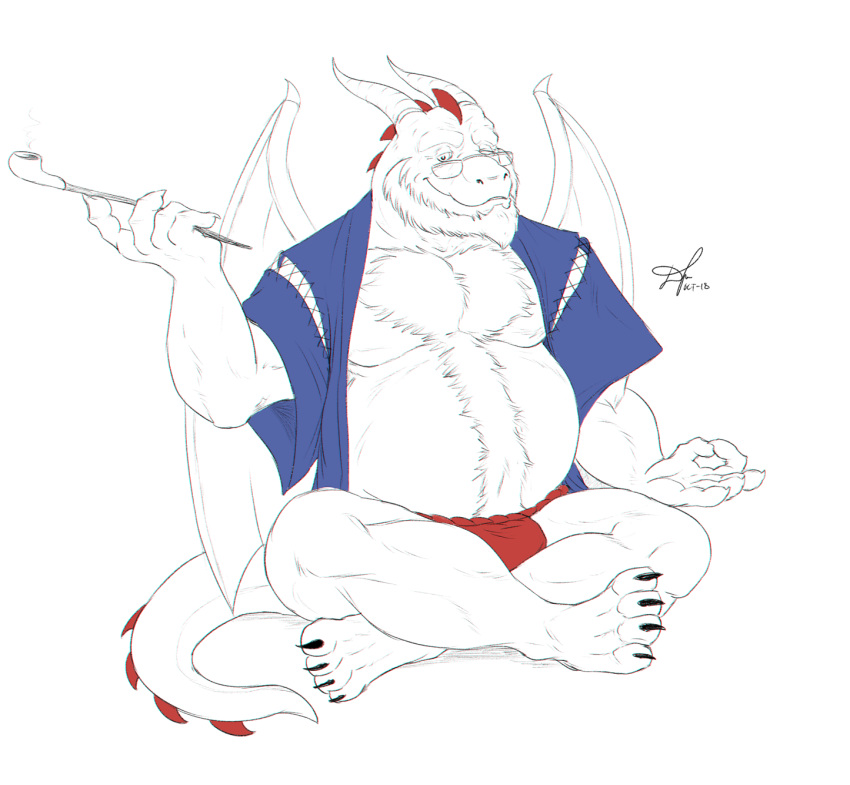 2018 anthro beard belly belly_hair body_hair bulge chest_hair claws clothing defago dragon eyewear facial_hair fundoshi glasses grizsylverwing happy_trail horn japanese_clothing kemono looking_at_viewer male mature_male meditating meditation mudra muscular pecs scalie sitting smile smoking_pipe solo underwear wings