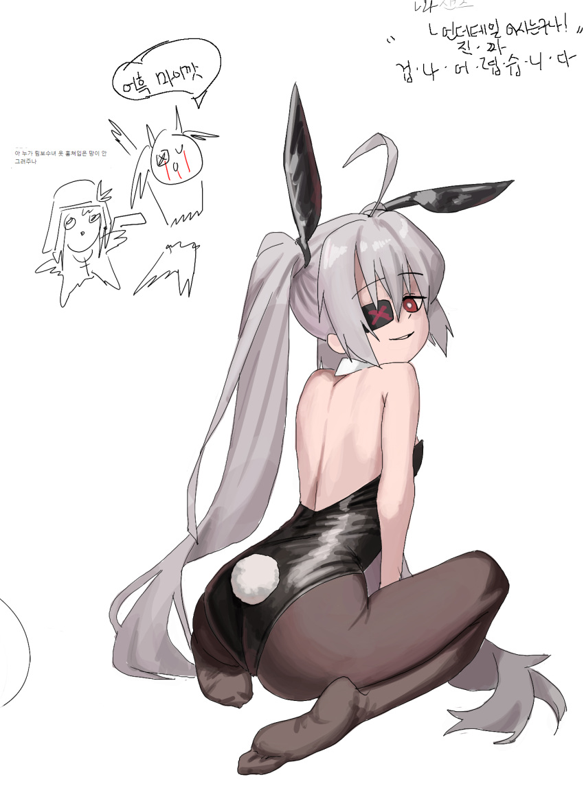 1girl ahoge animal_ears ass back black_leotard bright_pupils djmax djmax_respect eyepatch fail_(djmax) fake_animal_ears grey_hair highres korean_text leotard looking_at_viewer pantyhose parted_lips playboy_bunny rabbit_ears red_eyes simple_background sitting smile solo strapless strapless_leotard syc2159 twintails white_background white_pupils