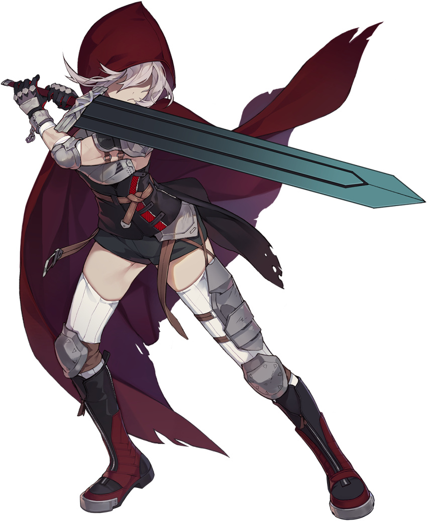 1girl armor boots breastplate breasts chrono_ark cloak elbow_pads fighting_stance gloves hen-tie highres holding holding_sword holding_weapon hood hood_up hooded_cloak lian_(chrono_ark) long_bangs medium_breasts medium_hair non-web_source official_art shorts sword thigh_armor thighhighs thighs transparent_background weapon white_hair