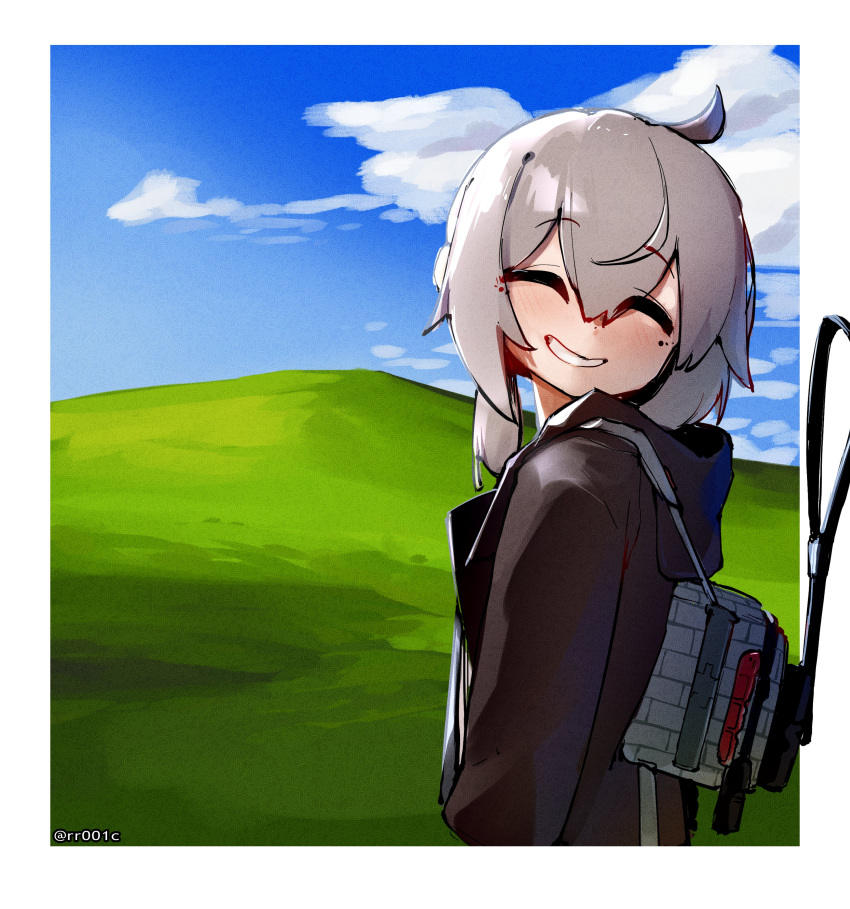 1girl ^_^ absurdres ahoge backpack bag black_jacket bliss_(image) blue_sky closed_eyes cloud cloudy_sky commission crr001 eyebrows_hidden_by_hair facing_viewer girls'_frontline grey_hair grin highres hill hood hooded_jacket inset_border jacket m200_(girls'_frontline) medium_hair mole mole_under_eye parted_lips sky smile solo twitter_username upper_body