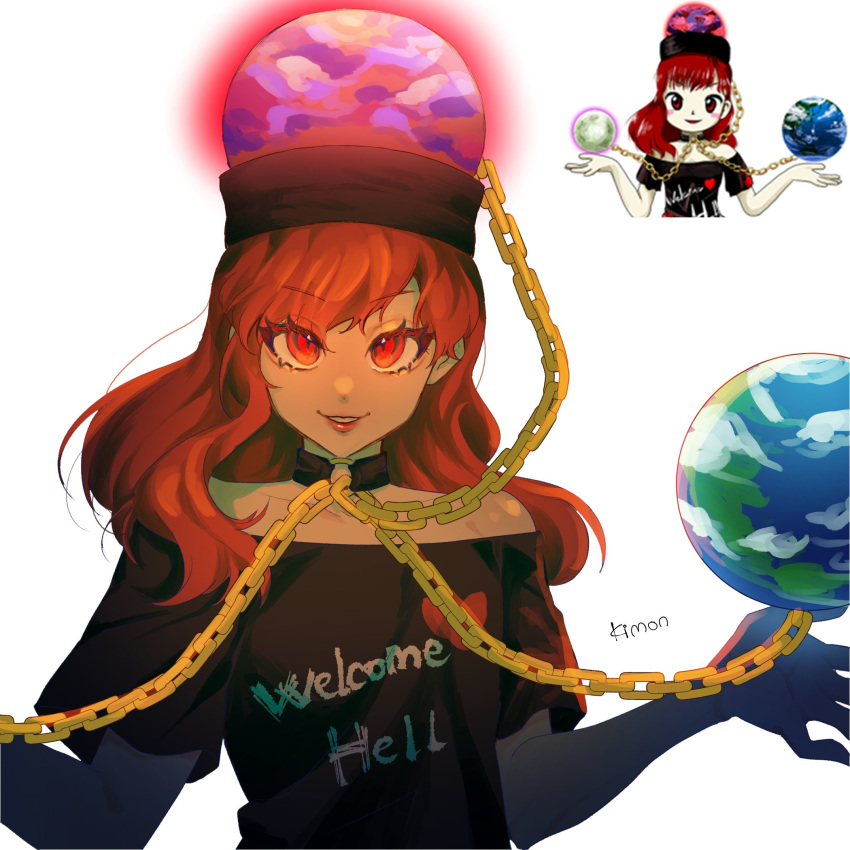 1girl chain commentary_request earth_(ornament) hecatia_lapislazuli highres kimon_102 looking_at_viewer medium_hair moon_(ornament) red_eyes red_hair reference_inset signature simple_background smile solo touhou upper_body vietnamese_commentary white_background zun_(artist)