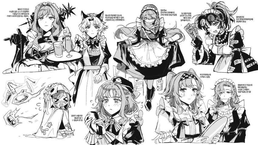 &gt;_&lt; 6+girls :&lt; ;d absurdres an-an_lee animal_ears apron arcana_(reverse:1999) bead_necklace beads beret bird bkornblume boots bottle braces breasts cat_ears checkered_hairband chibi chibi_inset cleavage cleavage_cutout closed_mouth clothing_cutout covered_mouth cup dress drink druvis_iii eagle eagle_(reverse:1999) elbow_gloves eyewear_on_head fake_animal_ears fingerless_gloves frilled_apron frills full_body ghost_costume gloves greyscale gyeol_124 hands_up hat highres holding holding_bottle holding_tray jewelry juliet_sleeves ketchup_bottle korean_text long_dress long_hair long_sleeves looking_at_viewer looking_down maid maid_apron maid_headdress monochrome multiple_girls necklace ofuda one_eye_closed poltergeist_(reverse:1999) puffy_sleeves reverse:1999 round_eyewear scarf scarf_over_mouth sheet_ghost short_hair sketch skirt_hold smile sonetto_(reverse:1999) starfish teardrop tooth_fairy_(reverse:1999) tray two_side_up upper_body wand_in_head
