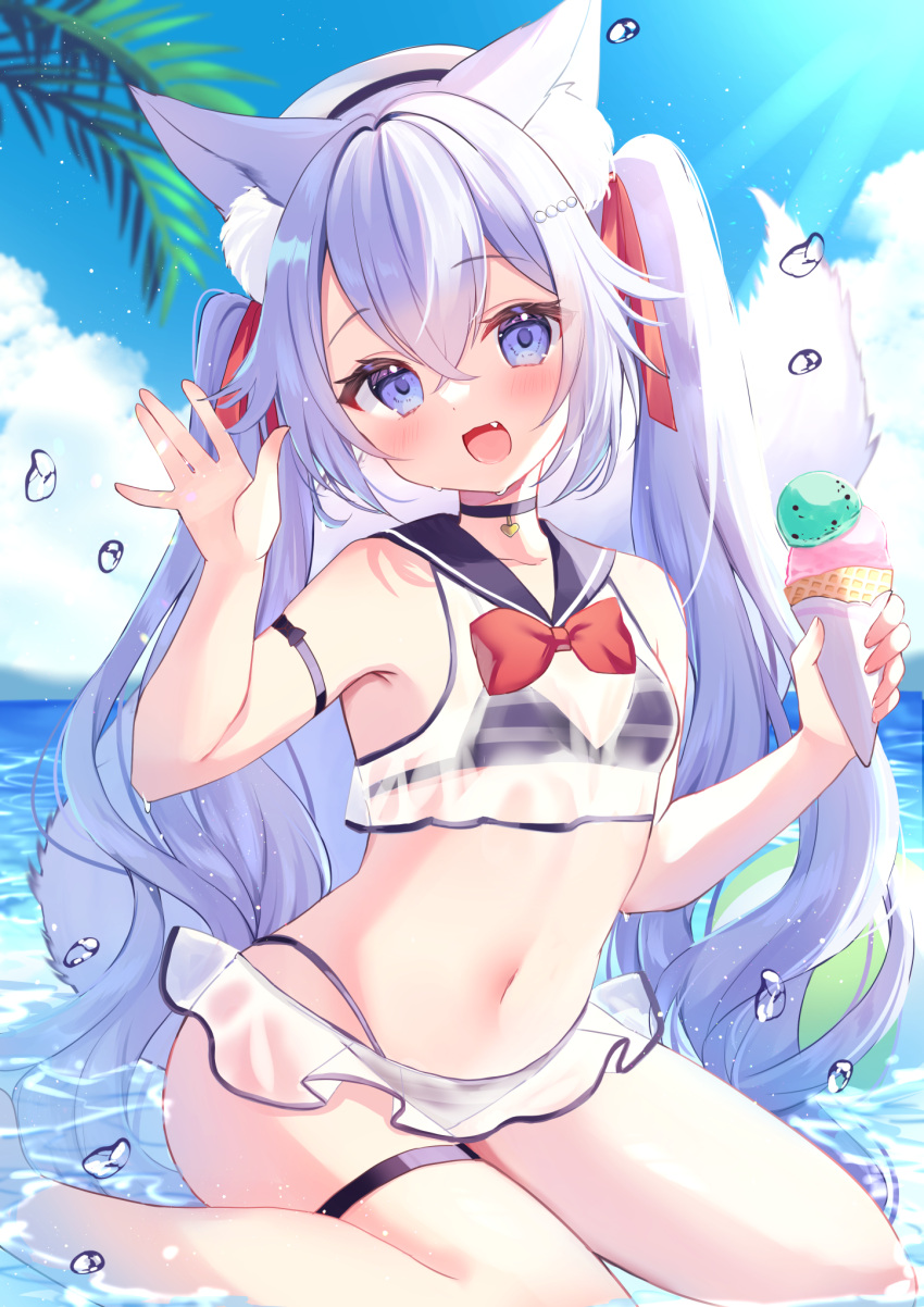 1girl animal_ears bikini bikini_skirt blue_choker blue_sky blush choker cropped_shirt food fox_girl fox_tail frilled_bikini frills hair_ornament hair_ribbon hamico highleg highleg_bikini highres holding holding_food holding_ice_cream ice_cream kneeling looking_at_viewer moe2024 multiple_tails navel open_mouth original outdoors partially_submerged purple_eyes purple_hair ribbon see-through sky smile solo swimsuit tail thigh_strap twintails