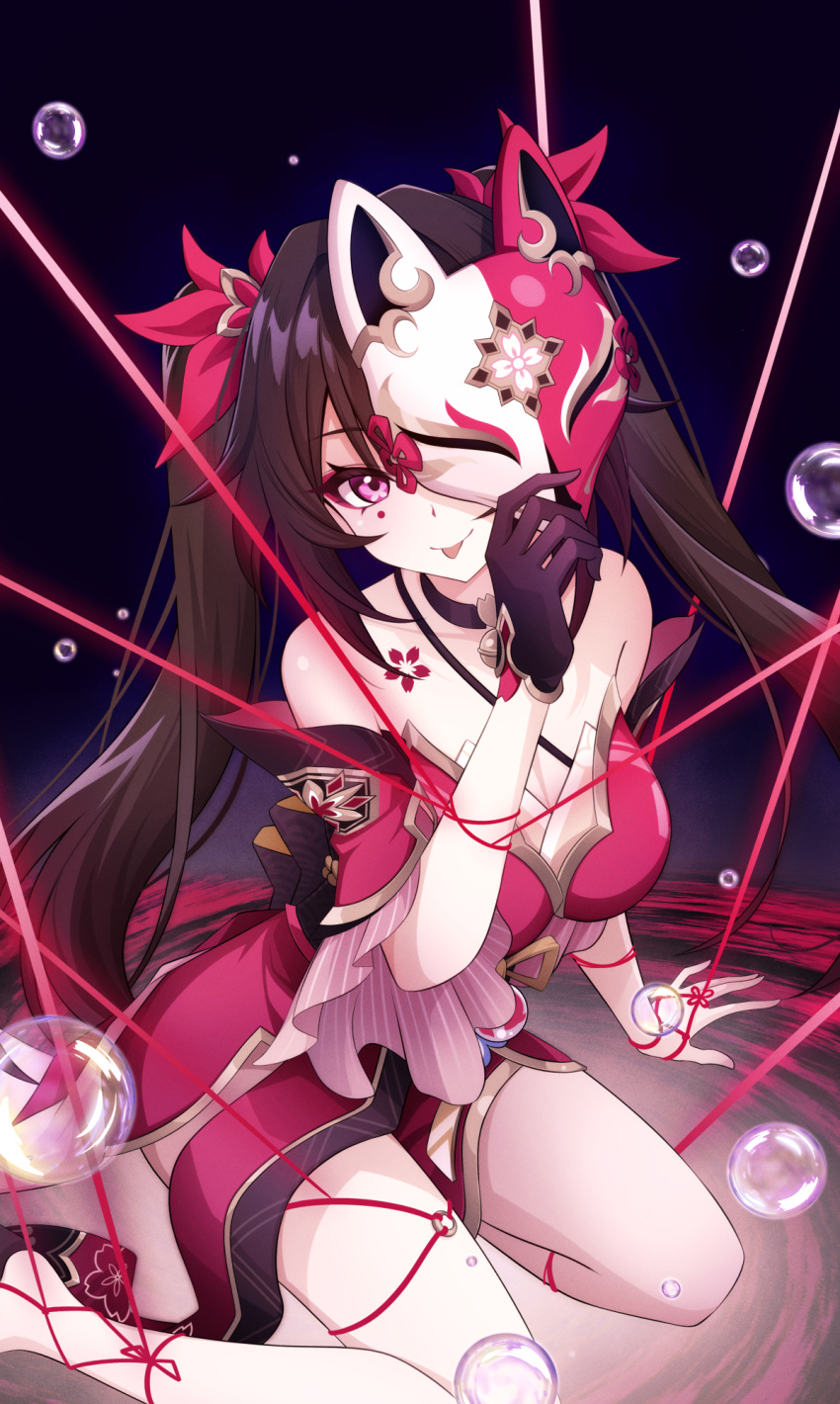 1girl :p air_bubble akizawa arm_at_side arm_support bell black_choker black_gloves bow breasts brown_hair bubble choker cleavage closed_mouth covering_one_eye criss-cross_halter dress eyeliner fox_mask gloves hair_bow halterneck highres holding holding_mask honkai:_star_rail honkai_(series) large_breasts legs_apart long_hair looking_at_viewer makeup mask neck_bell pink_eyes red_bow red_dress red_eyeliner red_ribbon ribbon short_dress single_glove sitting sleeveless sleeveless_dress smile solo sparkle_(honkai:_star_rail) thighs tongue tongue_out twintails yokozuwari