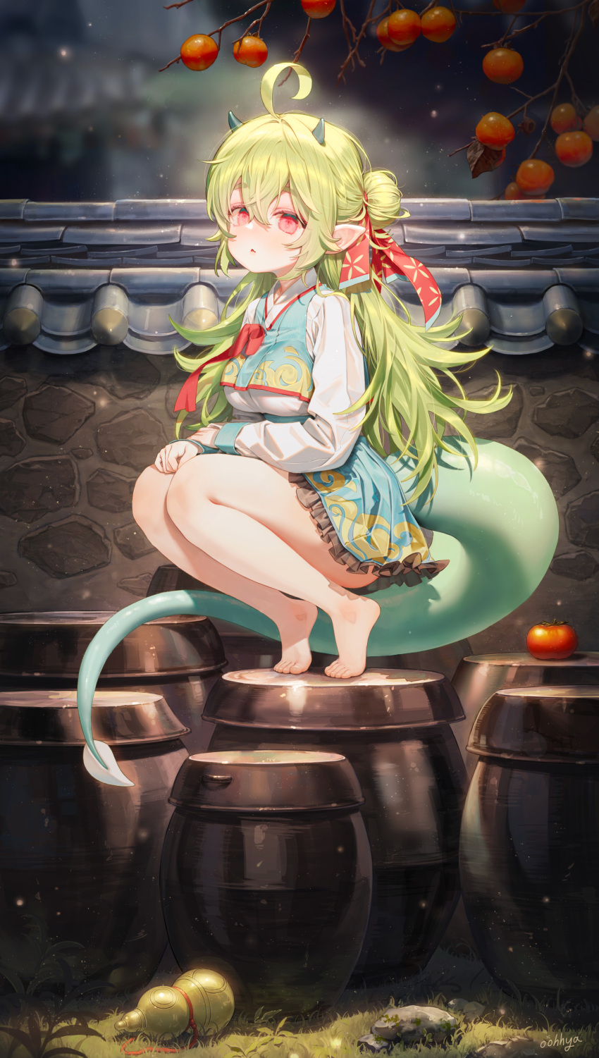 1girl absurdres ahoge artist_name bare_legs barefoot bed_sheet branch breasts commentary commission dress english_commentary feet frilled_dress frills full_body gourd grass green_dress green_hair green_horns green_ribbon green_tail hair_between_eyes hair_bun hair_ribbon hand_on_own_arm hand_on_own_thigh highres horns light_particles long_hair long_sleeves looking_at_viewer medium_breasts multicolored_ribbon oohhya original outdoors parted_lips pointy_ears red_eyes red_ribbon ribbon rock second-party_source shoes single_hair_bun small_horns solo squatting tail tiptoes toes tomato two-tone_dress unworn_shoes white_dress