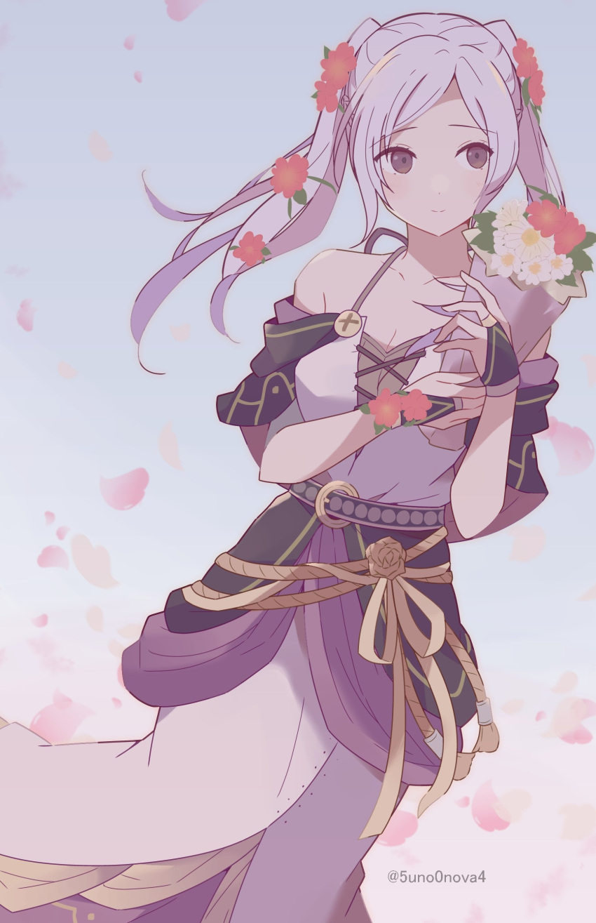 1girl 343rone absurdres bare_shoulders bouquet brown_eyes closed_mouth dress facing_viewer falling_petals fire_emblem fire_emblem_awakening fire_emblem_heroes flower grey_hair hair_flower hair_ornament highres holding holding_bouquet long_hair looking_to_the_side official_alternate_costume petals robin_(female)_(fire_emblem) robin_(female)_(valentine)_(fire_emblem) robin_(fire_emblem) smile solo twintails twitter_username upper_body white_dress