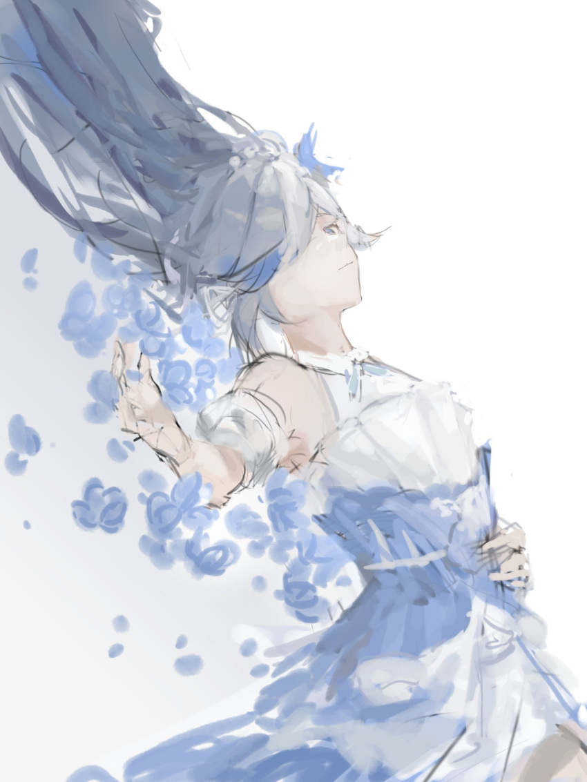 1girl bare_shoulders bird_hair_ornament blue_eyes blue_flower blue_hair closed_mouth dress earrings flower fu_hua fu_hua_(azure_empyrea) fu_hua_(cerulean_court) fuhualess grey_hair hair_ornament hair_over_one_eye halter_dress halterneck hand_on_own_stomach highres honkai_(series) honkai_impact_3rd jewelry long_hair looking_at_viewer lying multicolored_clothes multicolored_dress official_alternate_costume on_back simple_background sleeveless sleeveless_dress solo wedding_dress white_background white_dress