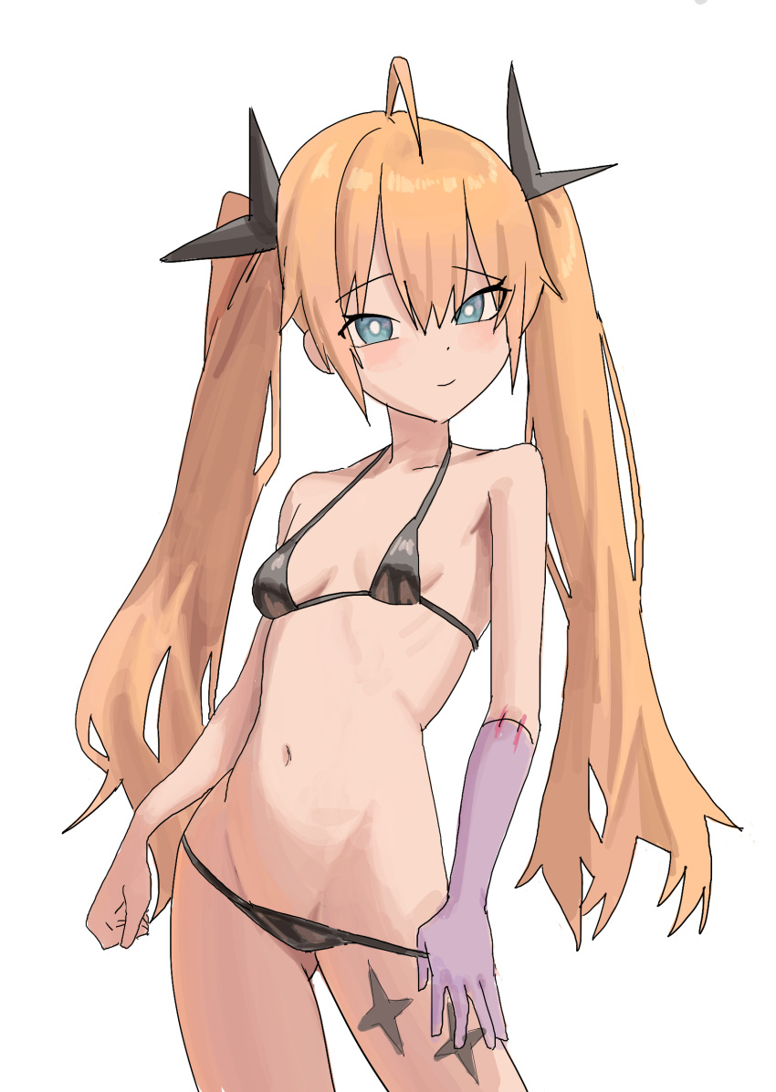 1girl ahoge bikini bikini_pull black_bikini blonde_hair blue_eyes breasts clear_(djmax) closed_mouth clothes_pull cowboy_shot djmax djmax_respect hair_ornament highres long_hair looking_at_viewer micro_bikini navel simple_background small_breasts smile solo stitched_arm stitches swimsuit syc2159 twintails white_background