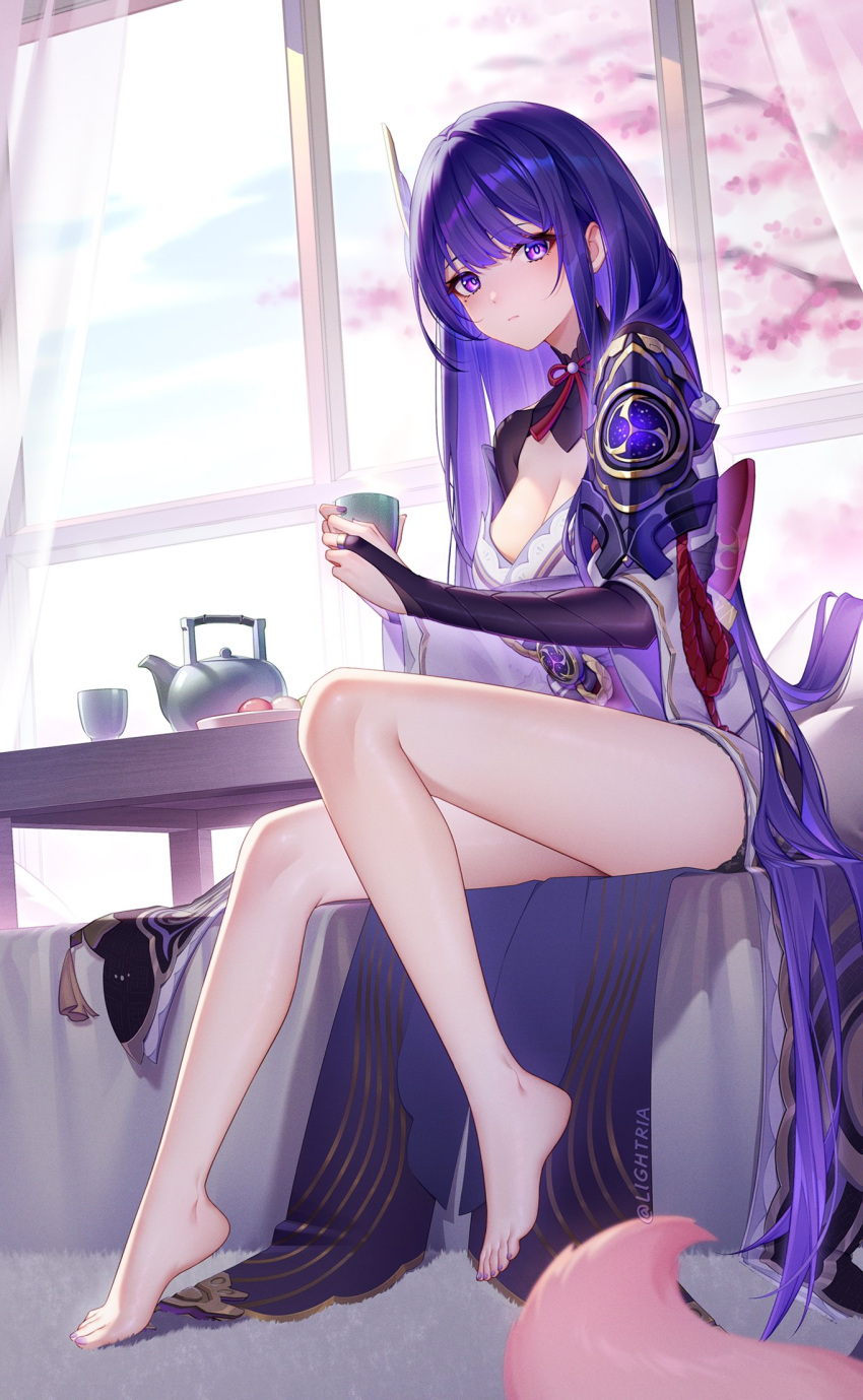 1girl armor bare_legs barefoot breasts bridal_gauntlets cleavage commentary_request cup dango feet food fox genshin_impact hair_ornament hair_undone high_heels highres holding holding_cup indoors japanese_clothes kimono knee_up legs lightria long_hair looking_at_viewer nail_polish okobo purple_eyes purple_hair purple_kimono raiden_shogun sandals sanshoku_dango shoulder_armor sitting teapot thighs toenail_polish toenails toes very_long_hair wagashi window yae_miko yae_miko_(fox)