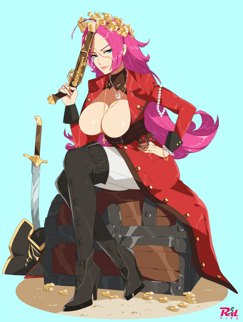 1girl absurdres ahoge antique_firearm aqua_background artist_name blue_eyes boots bracelet breasts brown_footwear center_opening cleavage coat coin cross cross_necklace fate/extra fate_(series) firelock flintlock francis_drake_(fate) gold_coin gun head_wreath high_heel_boots high_heels highres holding holding_gun holding_weapon jewelry large_breasts long_hair looking_at_viewer multiple_rings necklace no_bra pants parted_bangs pink_hair r3dfive red_coat ring scar scar_on_face simple_background sitting solo sword thigh_boots treasure_chest weapon white_pants