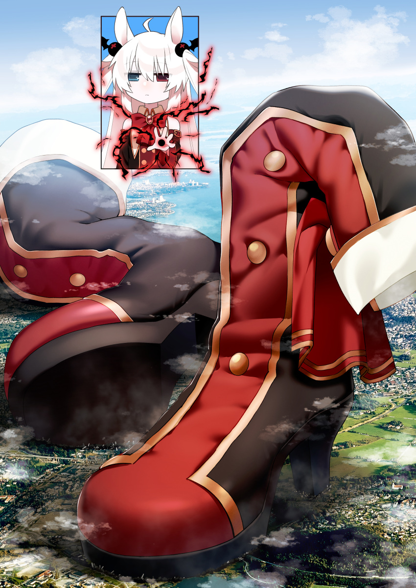 1girl absurdres alice_claudia animal_ears bare_shoulders blue_eyes boots city closed_mouth cloud detached_sleeves giant giantess hair_ornament hairband heterochromia highres knee_boots long_hair original rabbit_ears red_eyes size_difference twintails white_hair