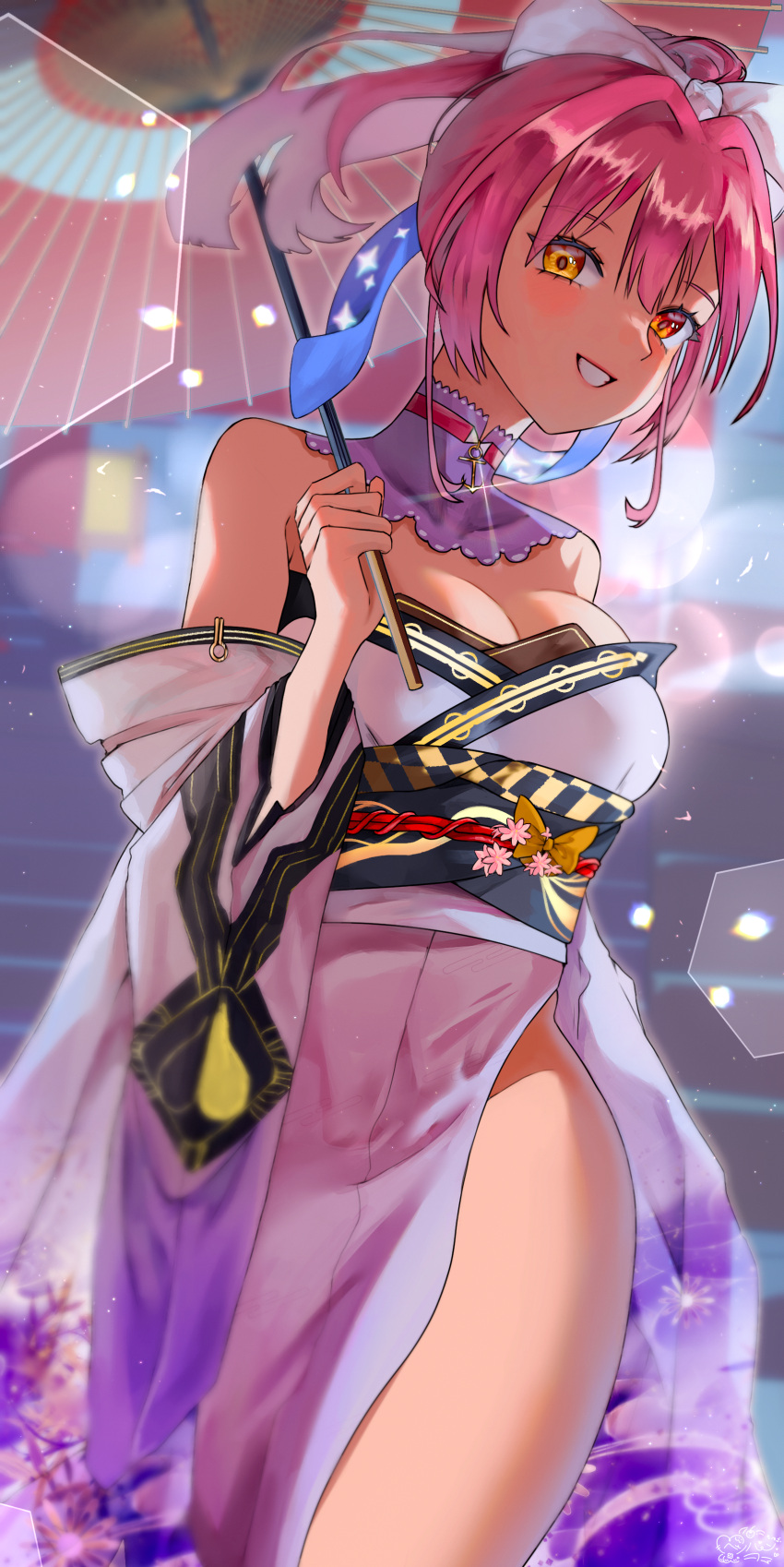 1girl absurdres anchor bare_shoulders blurry blurry_background bow breasts cleavage detached_collar hair_ribbon hand_up heterochromia high_ponytail highres holding holding_umbrella hololive houshou_marine hpcwg japanese_clothes kimono large_breasts long_sleeves looking_at_viewer red_hair ribbon smile solo thighs transparent transparent_umbrella umbrella virtual_youtuber white_kimono white_ribbon