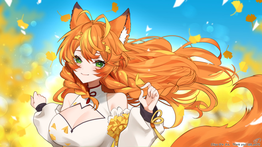 1girl animal_ear_fluff animal_ears antenna_hair autumn_leaves blonde_hair blurry blurry_background braid breasts china_dress chinese_clothes chiyubiya cleavage cleavage_cutout clothing_cutout commission detached_sleeves dress falling_leaves fox_ears fox_girl fox_tail green_eyes highres indie_virtual_youtuber k_(art71) leaf long_hair orange_hair puffy_detached_sleeves puffy_sleeves skeb_commission solo tail tassel thank_you twin_braids twitter_username upper_body virtual_youtuber white_dress white_sleeves yellow_tassel