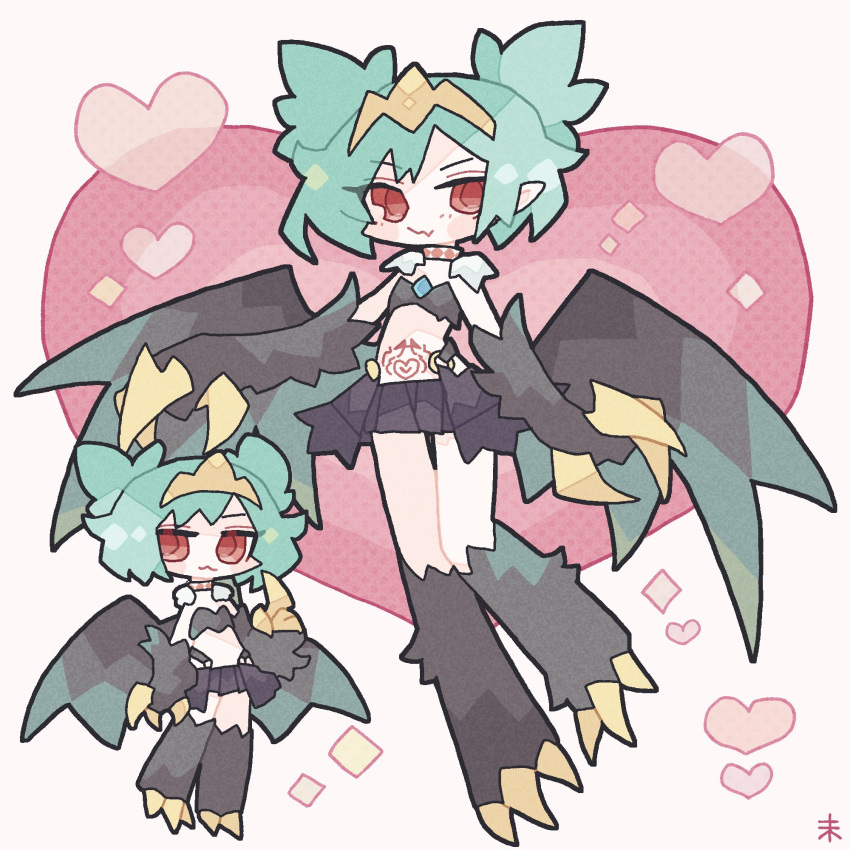 1girl bird_legs black_feathers black_wings claws commentary_request commission feathers green_hair harpy heart heart_tattoo highres indie_virtual_youtuber kdmr0402 lincoro monster_girl multiple_views navel pointy_ears red_eyes short_hair short_twintails skeb_commission stomach_tattoo talons tattoo tiara twintails virtual_youtuber winged_arms wings