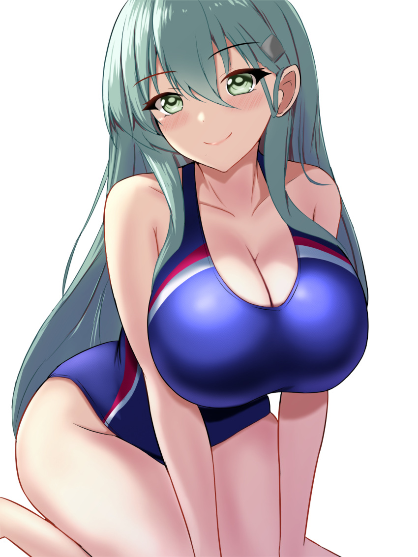 1girl aqua_eyes aqua_hair blue_one-piece_swimsuit blush breasts covered_navel dated hair_between_eyes hair_ornament hairclip highres huge_breasts kantai_collection kneeling large_breasts long_hair looking_at_viewer montemasa one-piece_swimsuit simple_background smile solo suzuya_(kancolle) swimsuit two-tone_swimsuit white_background