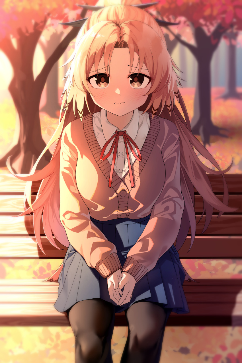 1girl absurdres alternate_costume arknights bench bird_tail black_pantyhose blue_skirt blush bow brown_eyes brown_sweater feather_hair highres killizard long_hair long_sleeves looking_at_viewer orange_hair orange_pupils outdoors pantyhose pinecone_(arknights) pleated_skirt ponytail red_bow sitting skirt solo sweater tail wavy_mouth white_skirt