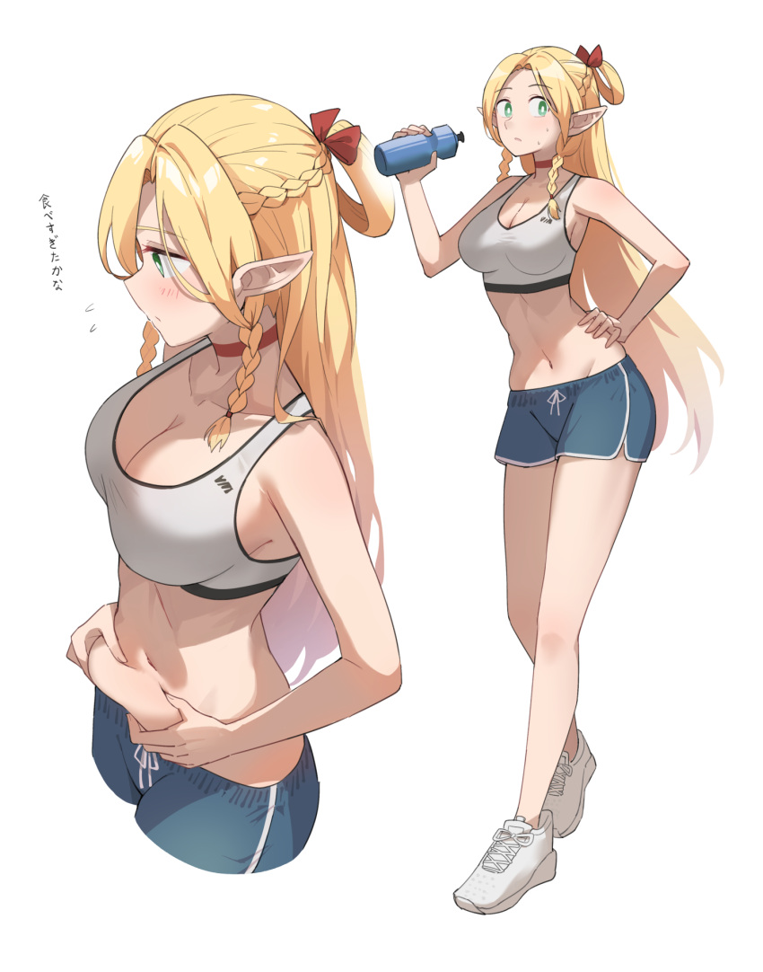 1girl blonde_hair blue_shorts bottle braid breasts cleavage collarbone dungeon_meshi elf french_braid green_eyes grey_sports_bra hand_on_own_hip highres holding holding_bottle looking_at_viewer marcille_donato medium_breasts midriff multiple_views navel pointy_ears profnote shoes shorts simple_background sneakers sports_bra standing translation_request twin_braids weight_conscious white_background white_footwear