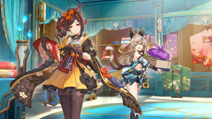 2girls absurdres bare_shoulders black_gloves blonde_hair box brown_eyes brown_hair cat_tail chiori_(genshin_impact) commentary_request crop_top detached_sleeves genshin_impact gloves grey_kimono haori highres holding holding_box indoors japanese_clothes kimono kirara_(genshin_impact) long_hair looking_at_viewer midriff multiple_girls multiple_tails official_art parted_lips side_ponytail skirt tail two_tails yellow_skirt