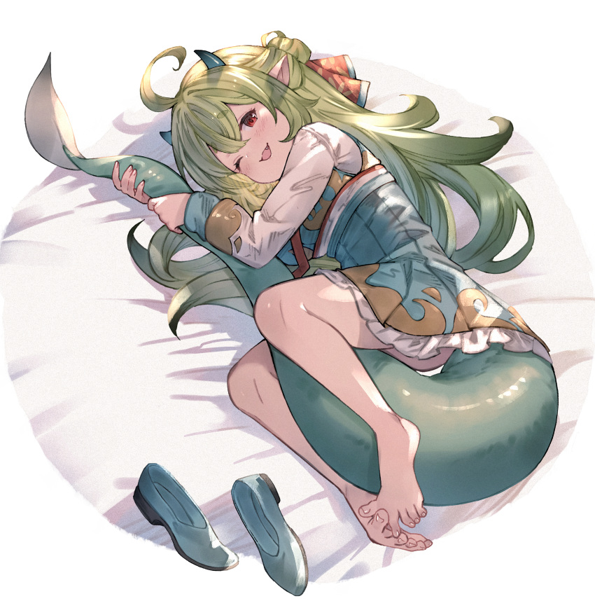 1girl absurdres ahoge ayacho bare_legs barefoot bed_sheet blush bow commission dress frilled_dress frills full_body green_bow green_dress green_footwear green_hair green_horns green_tail hair_between_eyes hair_bow hair_bun highres horns hugging_own_tail hugging_tail korean_commentary long_hair long_sleeves looking_at_viewer lying mixed-language_commentary multicolored_bow on_side one_eye_closed open_mouth original pointy_ears red_bow red_eyes second-party_source shoes single_hair_bun skeb_commission smile solo tail toes two-tone_dress unworn_shoes white_dress