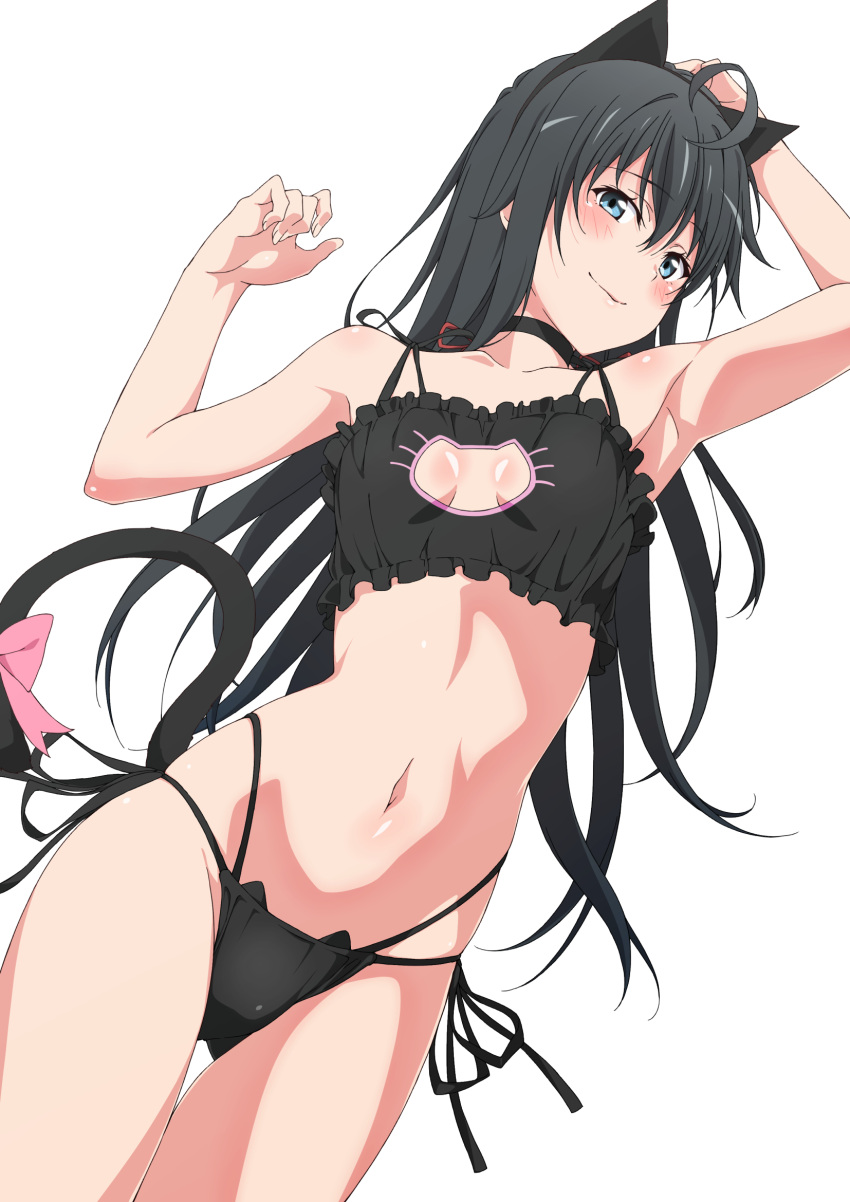 1girl animal_ears arm_up armpits black_bra black_hair black_panties blue_eyes blush bow bra cat_cutout cat_ears cat_lingerie cat_tail cleavage_cutout closed_mouth clothing_cutout collarbone commentary_request fake_animal_ears fake_tail frilled_bra frills hair_ribbon highres long_hair looking_at_viewer meme_attire navel panties pink_bow red_ribbon ribbon shou937 side-tie_panties simple_background smile solo tail tail_bow tail_ornament underwear white_background yahari_ore_no_seishun_lovecome_wa_machigatteiru. yukinoshita_yukino