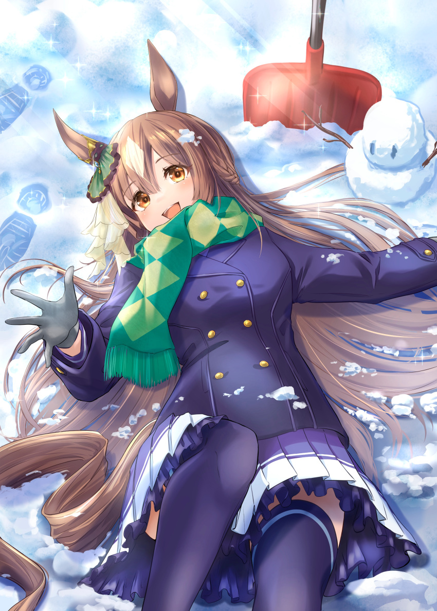 1girl absurdres animal_ears blush braid breasts brown_eyes brown_hair coat footprints gloves green_scarf grey_gloves hair_between_eyes hair_ornament highres horse_ears horse_girl horse_tail jacket kokage_yugure large_breasts long_hair long_sleeves looking_at_viewer lying multicolored_hair open_mouth satono_diamond_(umamusume) scarf skirt smile snow snowman solo tail umamusume very_long_hair winter_clothes winter_coat