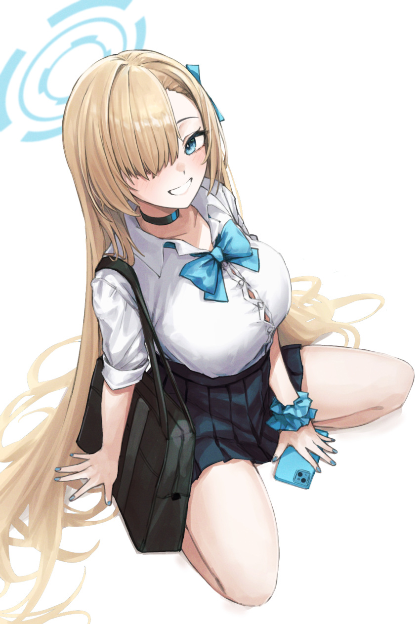 1girl arm_support asuna_(blue_archive) bag bag_(chrko_bag) black_choker black_skirt blonde_hair blue_archive blue_bow blue_bowtie blue_eyes blue_halo blue_nails blue_ribbon blue_scrunchie bow bowtie breasts bright_pupils cellphone choker collared_shirt commentary_request dress_shirt fingernails grin hair_over_one_eye hair_ribbon halo highres korean_commentary large_breasts light_blush long_bangs long_fingernails long_hair looking_at_viewer nail_polish phone pleated_skirt ribbon school_bag school_uniform scrunchie seiza shirt shirt_tucked_in simple_background sitting skirt sleeves_rolled_up smartphone smile solo very_long_hair white_background white_pupils white_shirt wrist_scrunchie
