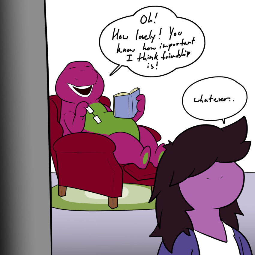 barney bran_the_onion deltarune dialogue dinosaur dragon english_text eyes_closed eyewear glasses lizard reptile scalie sofa susie_(deltarune) text