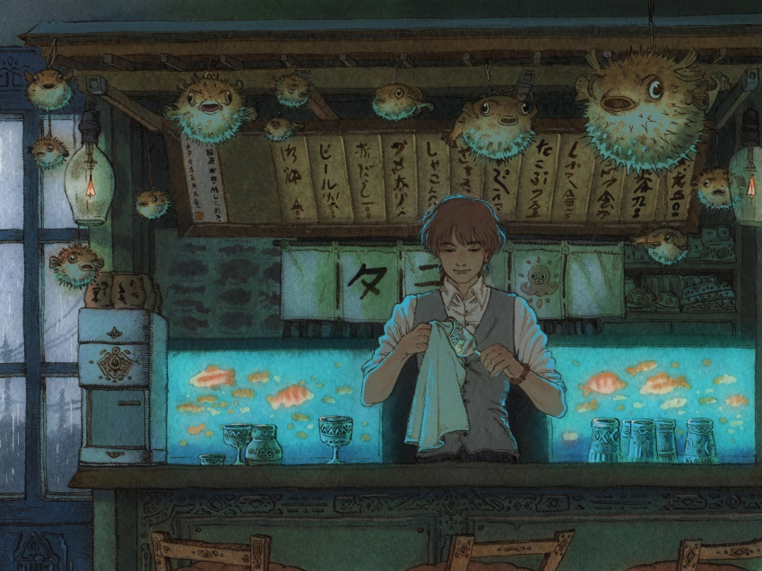 1boy bar_(place) bracelet brown_hair chair cleaning collared_shirt commentary_request counter cup dress_shirt fish fish_tank grey_vest half-closed_eyes hands_up hanging_light highres holding holding_cup indoors jewelry male_focus noren octopus_print original puffer_fish rag rain restaurant shirt short_hair sleeves_rolled_up solo vest vinsenta white_shirt window