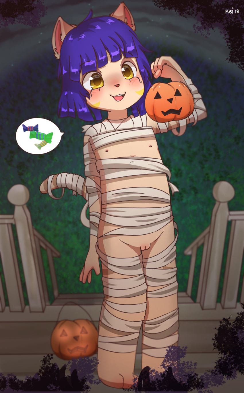 2018 anthro auvere bandage blush candy costume cub digital_media_(artwork) female food fruit fur hair halloween hi_res holidays jack-o'-lantern kemono looking_at_viewer mammal night nipples nude open_mouth outside porch pumpkin pussy solo standing teeth tongue trick_or_treat yellow_eyes young