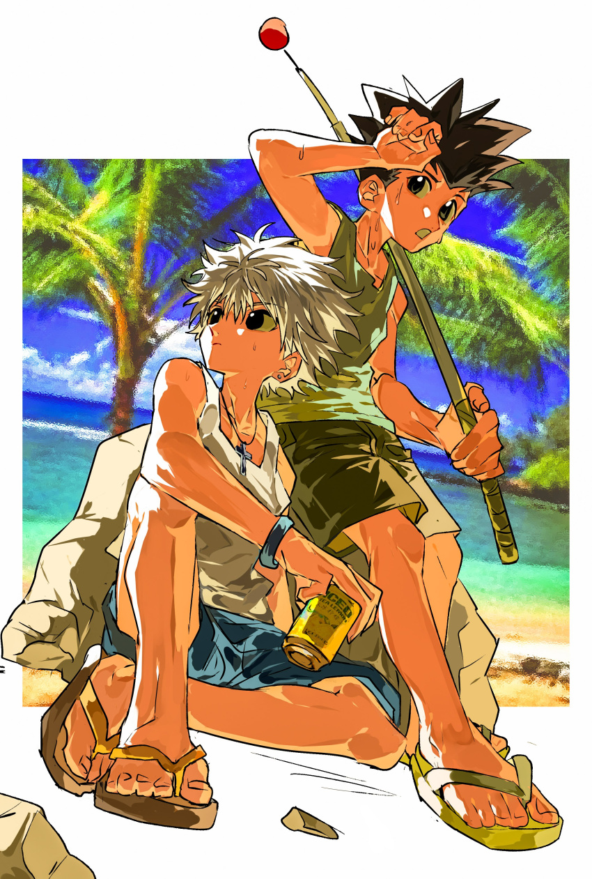 2boys absurdres beach black_eyes black_hair black_shorts blue_sky can cloud cross cross_necklace flip-flops gon_freecss highres hunter_x_hunter jewelry killua_zoldyck multiple_boys necklace ocean outdoors palm_tree rock sandals short_hair shorts sitting sky spiked_hair sweat tank_top tree white_hair xi_luo_an_ya