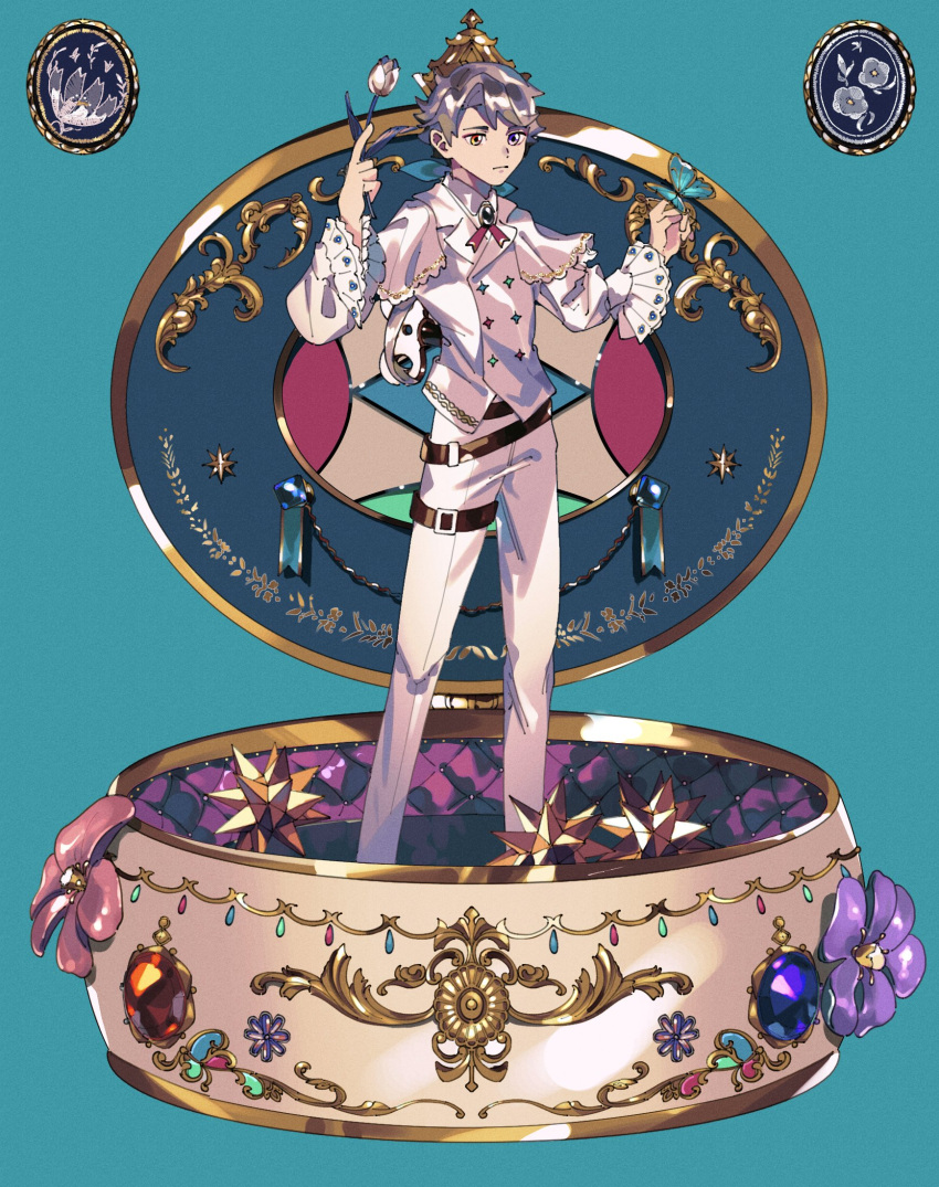 1boy arms_up blue_background blue_butterfly bug butterfly capelet commentary flower frilled_sleeves frills heterochromia highres holding holding_flower jacket male_focus music_box orange_eyes original pants purple_eyes short_hair simple_background solo torinodesu4 white_capelet white_jacket white_pants