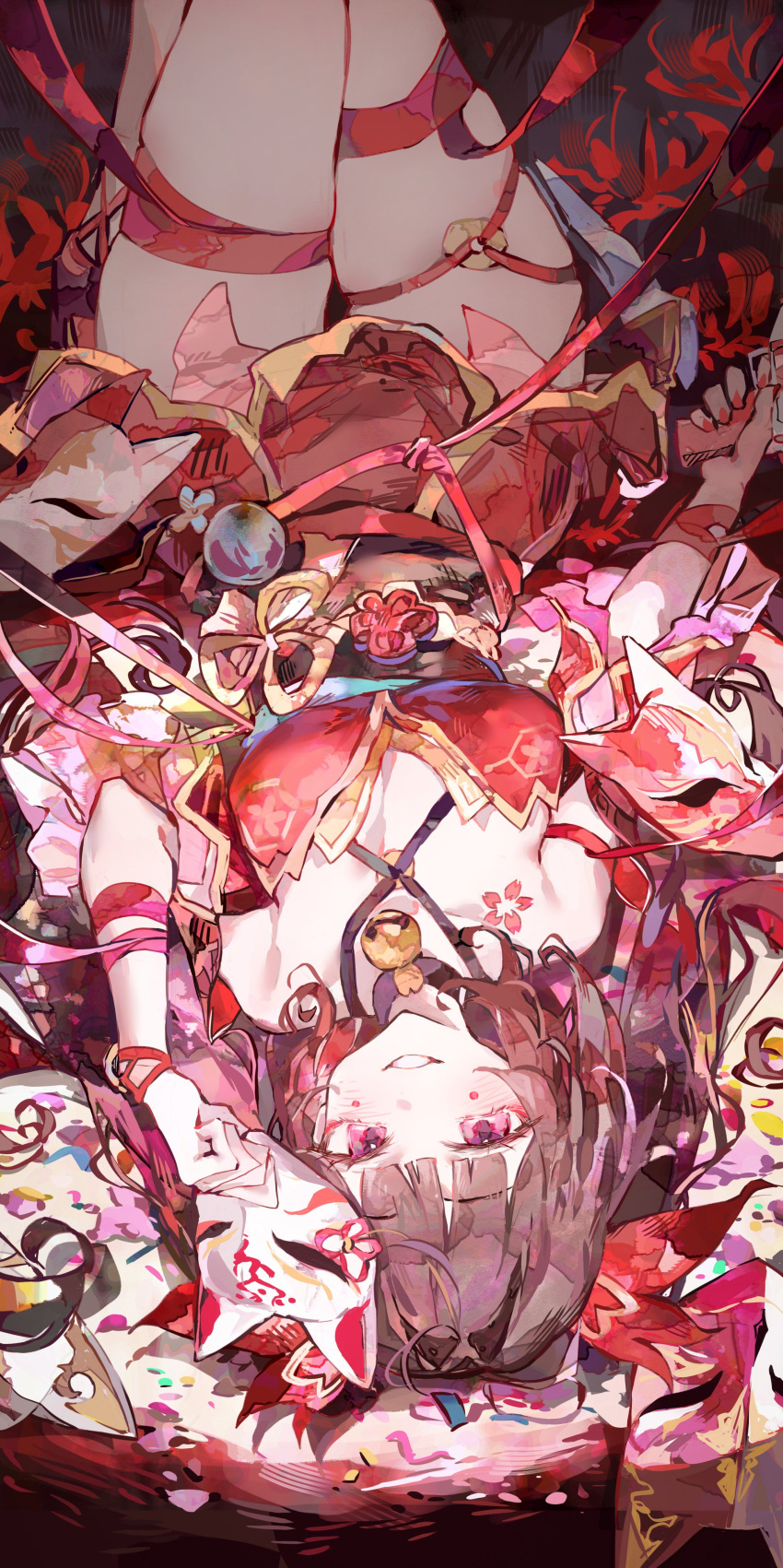 1girl :d absurdres arm_at_side blush breasts brown_hair cocoballking cowboy_shot criss-cross_halter dress flower fox_mask from_above grin halterneck highres holding holding_mask honkai:_star_rail honkai_(series) large_breasts legs_together long_hair looking_at_viewer lying mask nail_polish o-ring on_back open_mouth pink_eyes red_dress red_nails short_dress sidelocks sleeveless sleeveless_dress smile solo sparkle_(honkai:_star_rail) spider_lily teeth thick_thighs thighs twintails upside-down