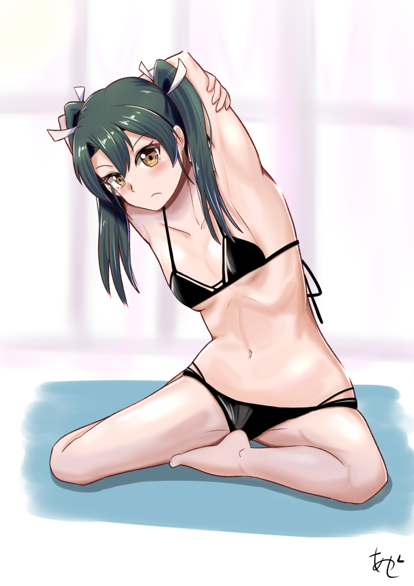 1girl akashieru artist_logo artist_name barefoot bikini black_bikini flat_chest full_body green_hair highres kantai_collection long_hair one-hour_drawing_challenge sitting solo stretching swimsuit twintails yellow_eyes zuikaku_(kancolle)