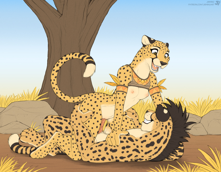 2024 4_toes 5_fingers anthro anthro_on_anthro anthro_penetrated anthro_penetrating anthro_penetrating_anthro black_mane black_nose black_spots bottomless bottomless_anthro bottomless_female breasts cheetah clothed clothed/nude clothed_female_nude_male clothing duo erection feet felid feline female female_penetrated fingers fur genitals grin hindpaw humanoid_hands jishinu king_cheetah lying lying_on_ground male male/female male_penetrating male_penetrating_female mammal mane markings nature nipples nude on_back on_ground open_mouth open_smile outdoor_nudity outdoor_sex outside outside_sex paws penetration penile penile_penetration penis penis_in_pussy plant pussy savanna sex smile spots spotted_body spotted_fur teeth toes tree vaginal vaginal_penetration yellow_body yellow_fur