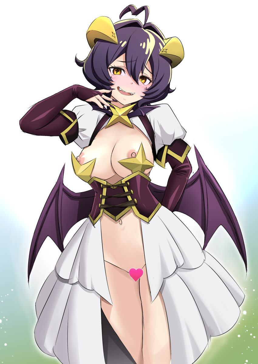 1girl absurdres ahoge arm_behind_back blush breasts censored corset cross-shaped_pupils cross_pasties demon_girl demon_wings elbow_gloves exhibitionism gloves harukigenia heart heart_censor highres hiiragi_utena horns looking_at_viewer low_wings magia_baiser magical_girl mahou_shoujo_ni_akogarete medium_breasts navel nipple_slip nipples no_pants pasties public_indecency purple_corset purple_hair smile solo star_pasties symbol-shaped_pupils wings yellow_eyes yellow_horns