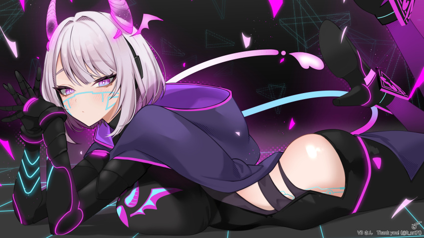 1girl ass black_footwear black_gloves black_leotard black_pants breasts bright_pupils cape commission elbow_gloves gloves grey_cape grey_hair head_wings highres hood hood_down hooded_cape horns indie_virtual_youtuber k_(art71) large_breasts leotard lying motherv3 neon_trim on_stomach pants purple_eyes purple_horns short_hair skeb_commission solo thank_you twitter_username virtual_youtuber white_pupils wings