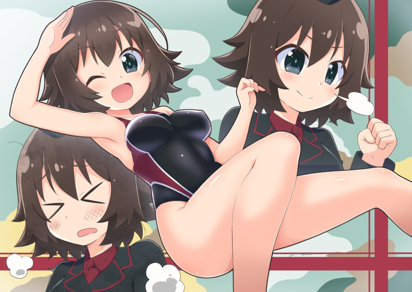 &gt;_&lt; 1girl black_jacket black_one-piece_swimsuit blue_eyes brown_hair camouflage_background collage commentary commission competition_swimsuit determined dirty dirty_clothes dirty_face girls_und_panzer hida_ema jacket kuromorimine_military_uniform one-piece_swimsuit one_eye_closed open_mouth pixiv_commission red_shirt salute shirt short_hair smile solo swimsuit yuuma_(skirthike)