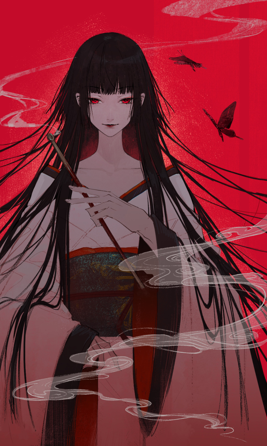 1girl black_butterfly black_hair blunt_bangs bug butterfly collarbone half-closed_eyes highres holding holding_smoking_pipe ichihara_yuuko japanese_clothes kimono kiseru long_hair looking_at_viewer nery obi obijime red_background red_eyes red_lips sash smile smoke smoke_trail smoking_pipe solo straight-on straight_hair upper_body very_long_hair white_kimono xxxholic