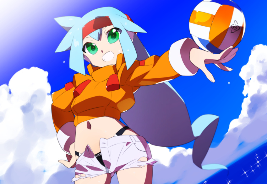 1girl alternate_costume alternate_hairstyle ashe_(mega_man) ball bikini bikini_bottom_only black_bikini blue_hair cloud commentary_request commission crop_top cropped_jacket green_eyes holding holding_ball jacket kaidou_zx long_hair mega_man_(series) mega_man_zx mega_man_zx_advent midriff navel ocean open_clothes open_fly open_shorts orange_jacket pixiv_commission short_hair shorts sky swimsuit swimsuit_under_clothes unbuttoned unzipped variant_set volleyball_(object) water white_shorts