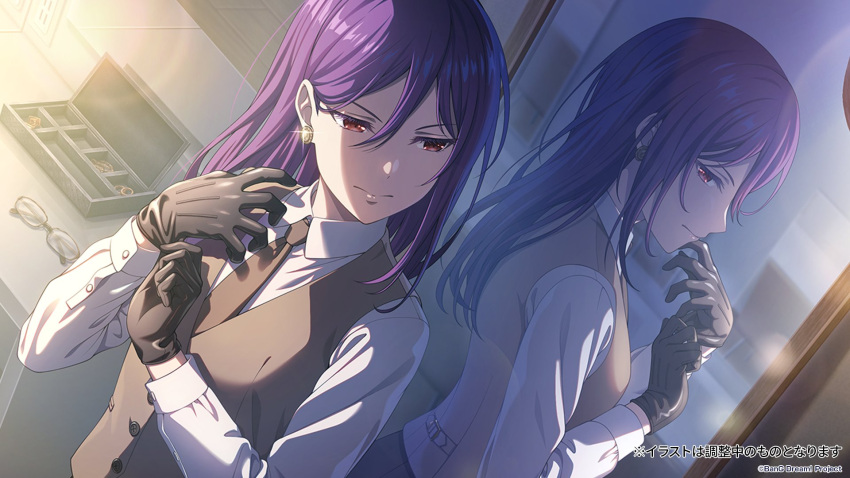 1girl bang_dream! black_gloves black_necktie brown_vest collared_shirt commentary_request copyright_name dress_shirt earrings glasses gloves hair_behind_ear hair_between_eyes highres jewelry long_hair long_sleeves mirror necktie official_art purple_hair putting_on_gloves red_eyes seta_kaoru shirt solo translation_request unworn_eyewear vest white_shirt