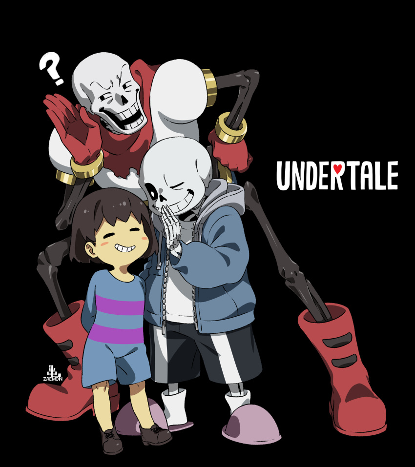 1other 2boys ? androgynous ankle_boots arms_behind_back black_background black_shorts blue_jacket blush_stickers bone boots brothers brown_footwear brown_hair cape cel_shading child colored_skin commentary copyright_name facing_viewer frisk_(undertale) from_side full_body gloves grin half-closed_eyes hand_on_own_hip hand_to_own_mouth hand_up highres hood hood_down hooded_jacket jacket kamezaemon leaning_to_the_side legs_apart long_sleeves looking_at_another male_focus multiple_boys one_eye_closed open_clothes open_jacket open_mouth papyrus_(undertale) pink_footwear red_cape red_footwear red_gloves romper sans shirt shoes short_hair shorts siblings sideways_glance simple_background skeleton slippers smile socks solid_oval_eyes squinting standing teeth torn_cape torn_clothes undertale white_shirt white_socks yellow_skin zipper