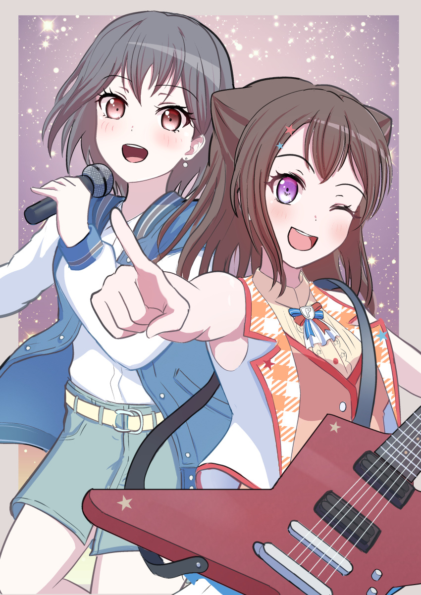 2girls absurdres bang_dream! bang_dream!_it's_mygo!!!!! brown_eyes brown_hair grey_hair guitar hair_ornament highres holding holding_microphone instrument jacket looking_at_viewer microphone multiple_girls open_mouth shirt short_hair skirt star_(symbol) takamatsu_tomori toyama_kasumi user_jxnk5728