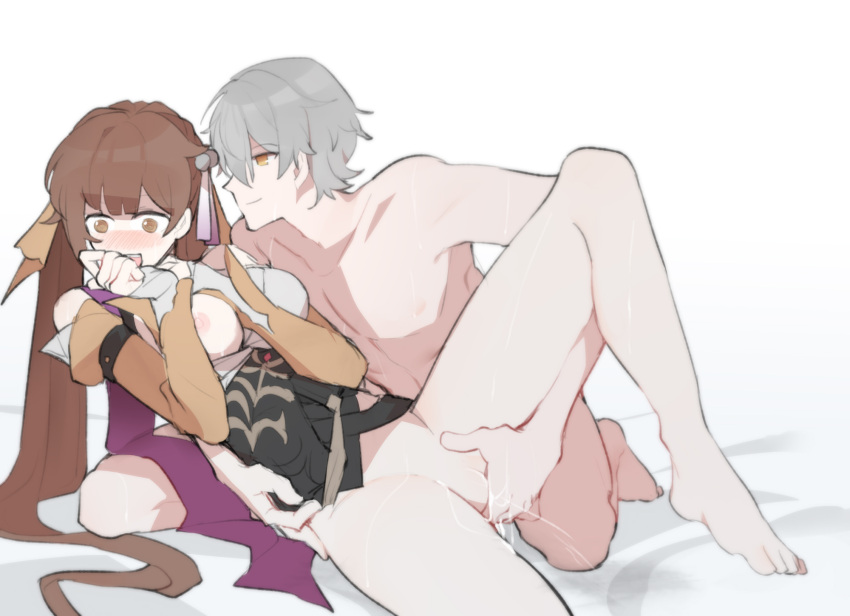 1boy 1girl @_@ blush bottomless breasts brown_hair caelus_(honkai:_star_rail) clothed_female_nude_male detached_sleeves female_ejaculation fingering grey_hair hair_ornament hand_to_own_mouth hetero highres honkai:_star_rail honkai_(series) long_hair medium_breasts nipples nude one_breast_out open_mouth pussy sanzashizu short_hair sleeves_past_wrists smile sushang_(honkai:_star_rail) tassel tassel_hair_ornament trailblazer_(honkai:_star_rail) twintails very_long_hair yellow_eyes