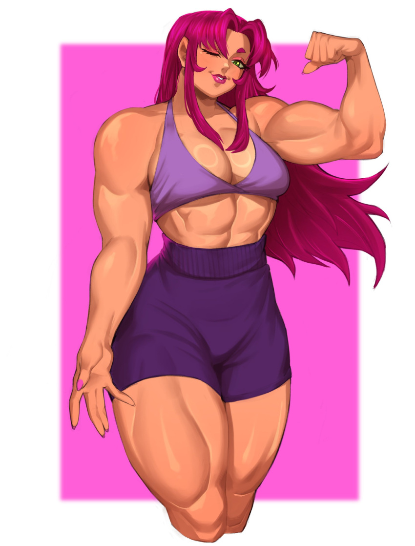 1girl absurdres alternate_costume alternate_muscle_size biceps border bra breasts cleavage clenched_hand curvy dc_comics drakkaiart eyeshadow flexing green_eyes highres large_breasts lipstick long_hair looking_at_viewer makeup muscular muscular_female nail_polish one_eye_closed pink_background pink_hair pink_lips pink_nails purple_bra purple_shorts shiny_skin short_shorts shorts simple_background solo starfire teen_titans thick_thighs thighs underwear white_border workout_clothes